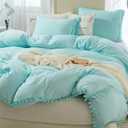 ETDIFFE Turquoise Pom Duvet Cover Queen Size - 3 Piece Aqua Boho Bohemian Farmhouse Microfiber Comforter Cover Set - Soft and Lightweight Quilt Cover, Solid Teal Pompom