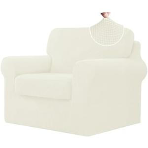 CHUN YI 3 Piece Armchair Cover, Stretch 1 Seater Couch Cover with 1 Separate Backrest and Cushion with Elastic Band, Sofa Slipcover Spandex Jacquard Fabric (Small, Ivory White)