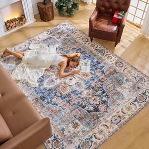 Area Rugs 69 Living Room Clearance 69 Area Rug Boho Area Rugs 69 No-Slip Low Pile Vintage Oriental Washable Rugs 69 Area Rug Washable for Bedroom Farmhouse Living Room (Vintage Deep Blue and Light Brown)