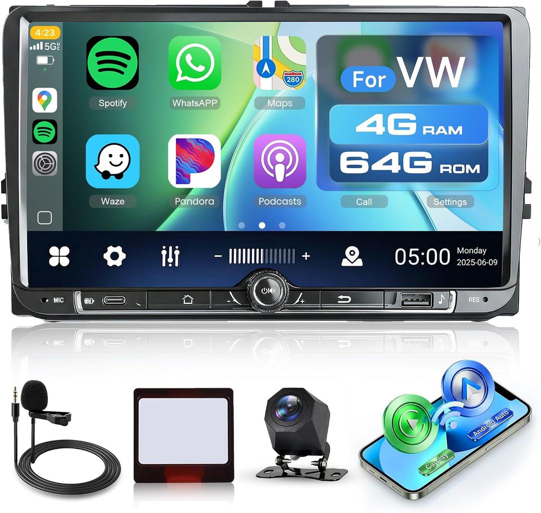 Rimoody 4G+64G Android Car Stereo for VW Passat Jetta Tiguan Golf MK5 MK6 T5 EOS Polo Touran Seat Sharan Carplay Android Auto, 9'' Touchscreen Radio Bluetooth Mirror Link WIFI GPS FM DSP Backup Camera