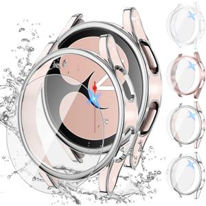 Tensea [4+4 Pack for Samsung Galaxy Watch FE 2024/5 2022/4 2021 Screen Protector Case 40mm Accessories, Hard PC Bumper/HD Anti-Fog Tempered Glass Protective Film, Face Cover Set (Clear/Pink Gold/Pink-Silver/White-Silver)