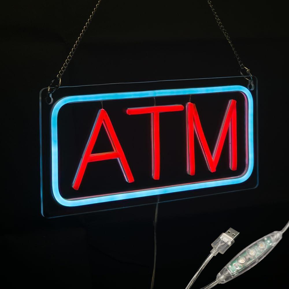 ATM Neon Sign, Small Size, 12"6", USB Powered, 9 Levels of Brightness, Suitable for Bank Supermarket Convenience, Easy to Install on Store Wall Window as Room Decoration (Red, Transparent Acrylic)