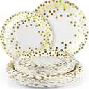 Disposable Plates for Party 50 Sets, 7'' & 9'' Paper Plates, Heavy Duty Golden Dot White Paper Plates Napkins Cups for Baby Shower Birthday Wedding