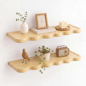 Pinkunn 2 Pack 24 Inch Scalloped Floating Shelves, Solid Wood Wavy Wall Shelves with Hidden Brackets, Rustic Storage and Display for Bathroom, Kitchen, Living Room, Bedroom
