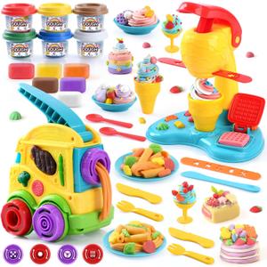PLAY 2 in 1 Color Dough Kitchen Creations Set, Ice Cream Noodle Maker Color Dough Sets for Kids Ages 4-8, Kitchen Food Toys for Boys Girls Kids Toddlers Ages 3+, with 18 oz Multicolor Clay (Yellowish Purple)