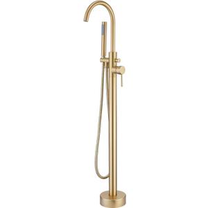 TapLong Brushed Gold Floor Mounted Tub Filler Shower Faucet Freestanding Bathtub Faucet with Hand shower High Flow Rate Free Standing Tub Faucet-51015BG