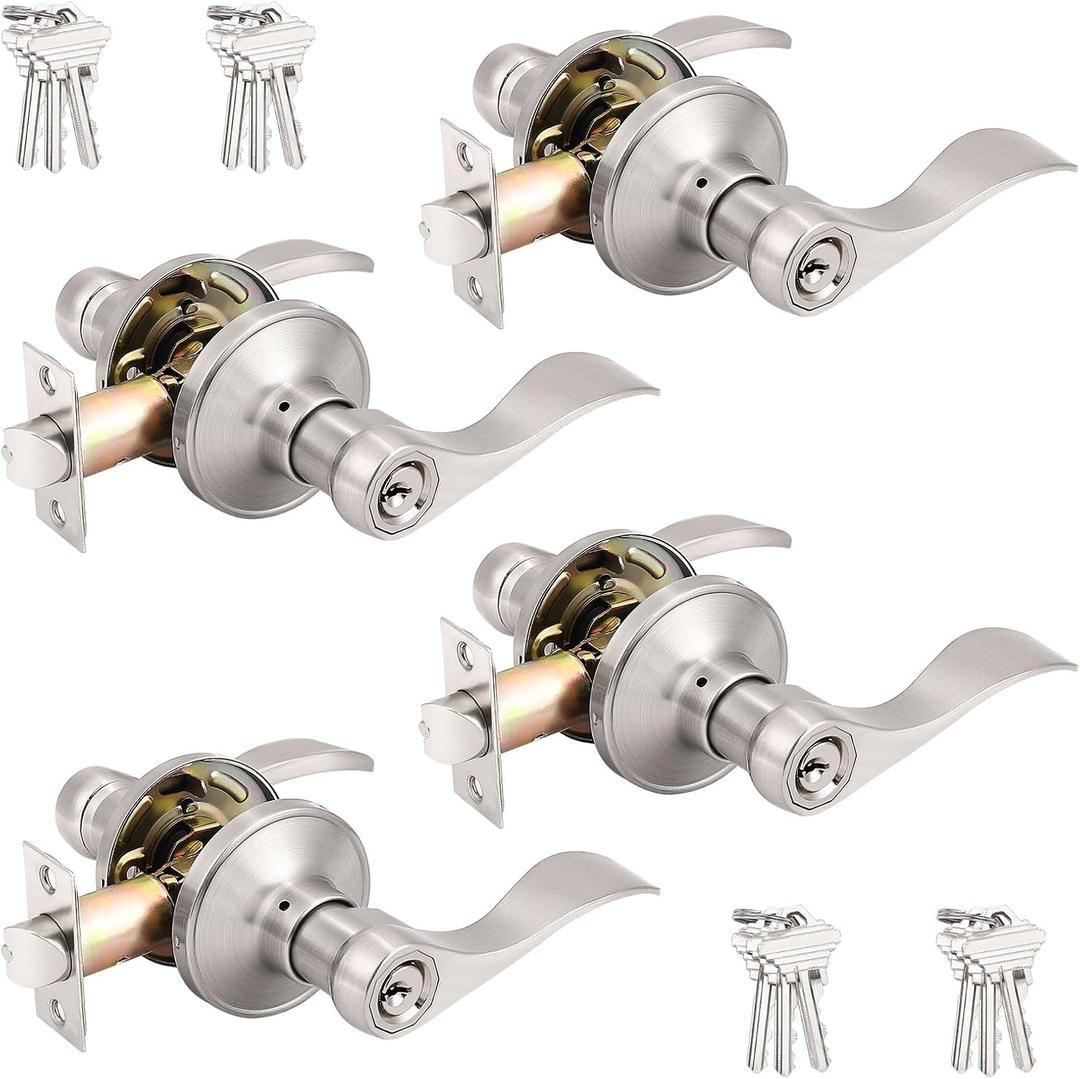 Probrico (4 Pack Wave Style Keyed Alike Entry Levers, Keyed Reversible Door Handles with Lock and Same Keys, Exterior Interior Entry Locks in Satin Nickel Finish