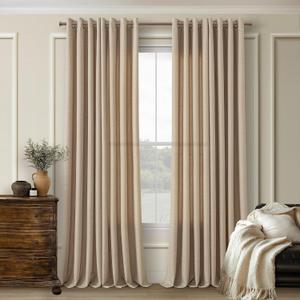 Tan Brown 96 Inch Linen Curtains 2 Panels Set Grommet Light Filtering Burlap Dark Flax Drapes Boho Farmhouse Semi Sheer Window Curtain 96 Inches Length for Hallway Living Room Sliding Patio Door