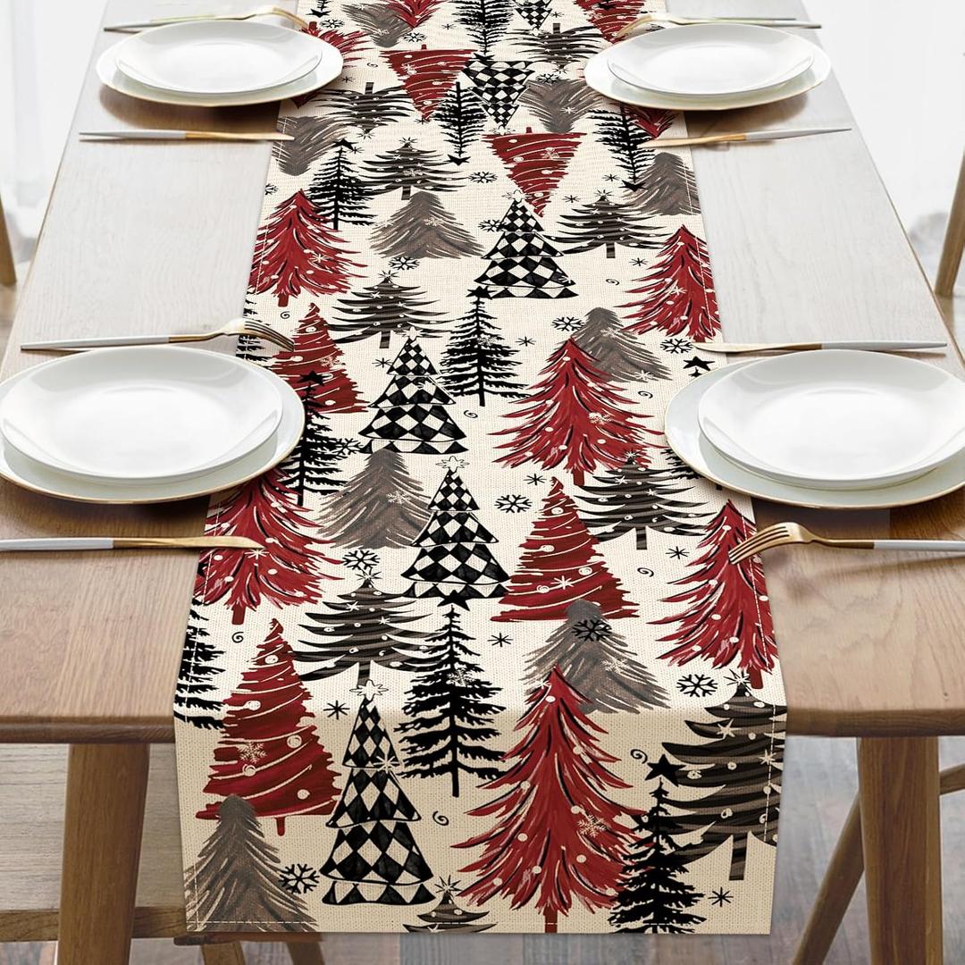 Christmas Tree Dining Table Runner, Xmas Red Black Pine Trees Snowflake Farmhouse Burlap Kitchen Decoration, Winter Holiday Indoor Outdoor Home Decor Party Supply 13 x 72 Inches