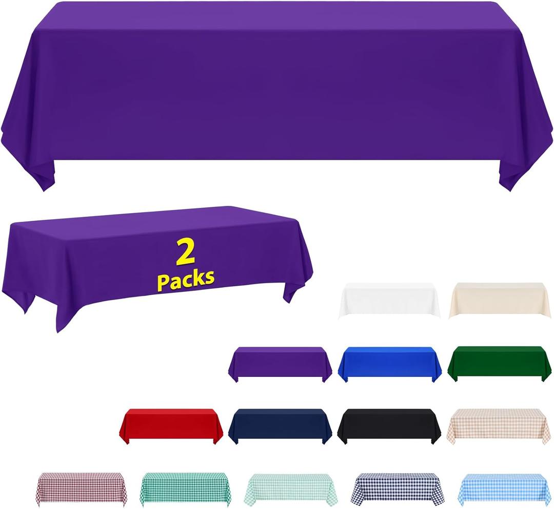 ABCCANOPY 2 Pack Rectangle Polyester Tablecloth 90 x 132 Inch Indoor Outdoor Stain-Resistant Washable Heavy-Duty Fabric Table Cover Elegant Home Decor Purple