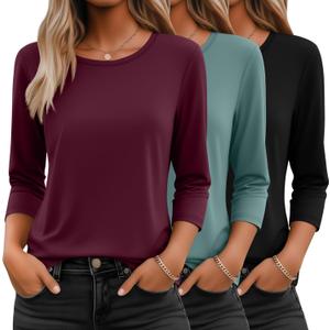 Ficerd 3 Pack 3/4 Sleeve Tops for Women Round Neck Dressy Basics Tees Casual Trendy Loose Fit T Shirts (Small, Black, Gray Green, Burgundy)