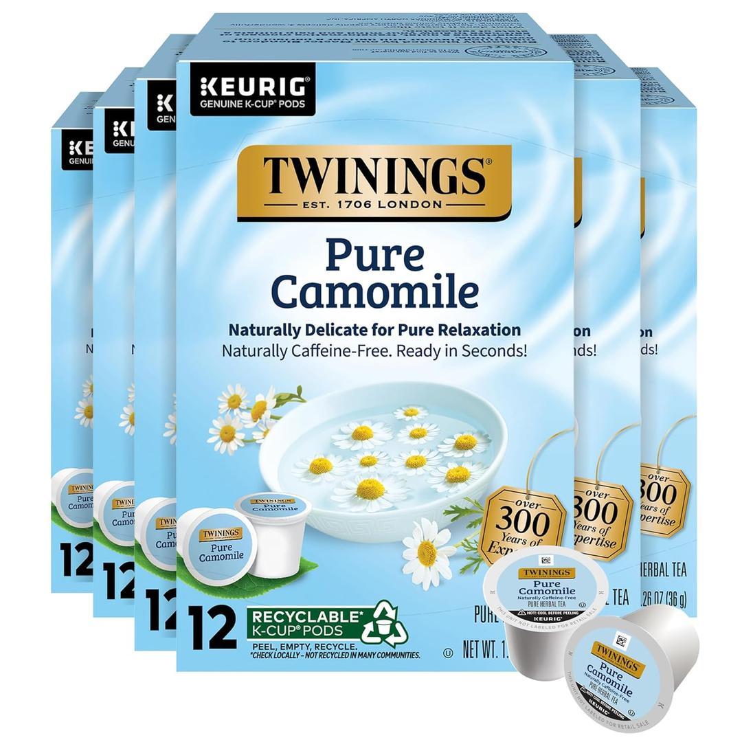 Twinings Pure Camomile Herbal Tea 72 K-Cup Pods for Keurig, 12 Count (Pack of 6), Made with Pure Camomile Blossoms, Naturally Caffeine-Free, Enjoy Hot or Iced