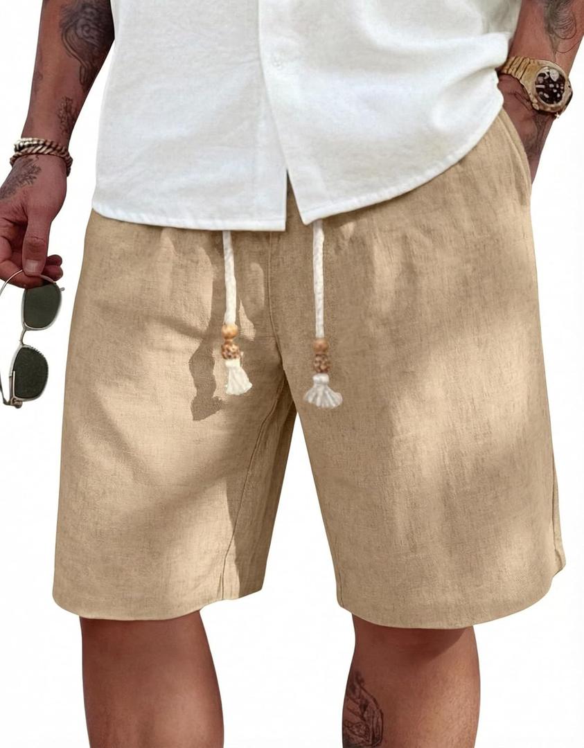 COOFANDY Men's Linen Shorts Casual 9"/ 7" Elastic Waist Drawstring Summer Beach Shorts (Large, 1 Dark Khaki)