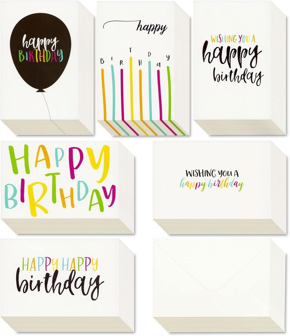 Juvale Birthday Cards Bulk - 48-Pack, 4 x 6 In White With Envelopes - Blank Inside & Assorted Candle & Balloon Designs for Employees, Kids & Friends - Modern Greeting Cards