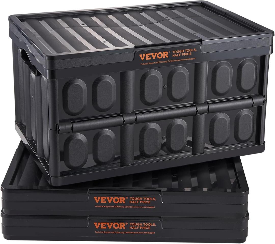 VEVOR 45L Collapsible Storage Bins with Lids 3 Packs, Stackable Utility Crates with Handles, Large Folding Containers for Organizing Tools, Snacks, Books, Food, Drinks, Camping & Transport  45L-Black-3PC