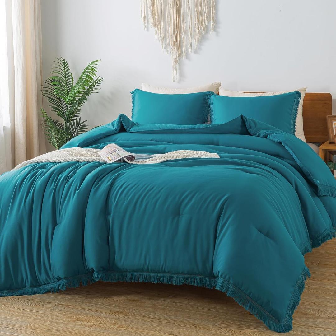 Andency Turquoise Comforter Set Full Size, 3 Pieces Boho Teal Tassel Lightweight Bedding Comforter Sets, Teal Blue All Season Soft Fluffy Fringe Bed Set (79x90In Comforter & 2 Pillowcases)