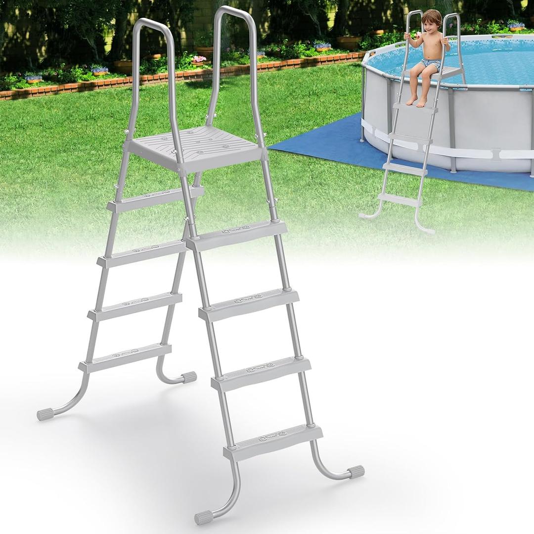 52" 4-Step Steel Frame Above Ground Swimming Pool Ladder, Heavy Duty Double Sided Removable Pool Steps with Non-Slip Plastic Steps and Platform for Entry and Exit the Pool