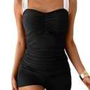 B2prity Women's Tankini Swimsuit Tummy Control Ruched Two Piece Bathing Suit Push Up Modest Swim Suits with Shorts Black,White L