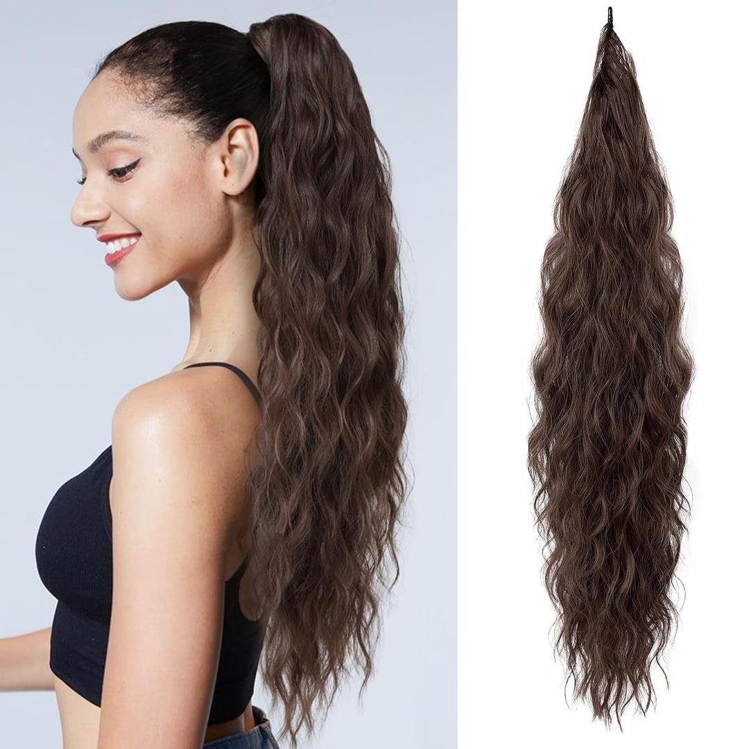 Flufymooz Ponytail Extension, Flexible Wrap Around Ponytail Extension Long Wavy Curly Ponytail Hair Extensions Natural pony tail Synthetic Hairpiece for Women 32 Inch (Dark Chocolate Brown)
