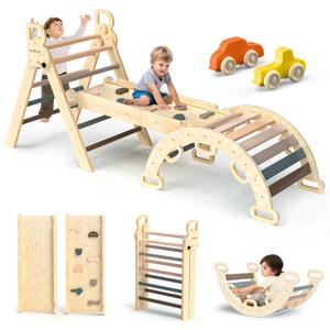 BlueWood Pikler Triangle Set 7in1 Foldable Baby Climbing Toys Wooden Montessori Climbing Set with Arch&Ramp&Ladder Baby Climber Indoor Jungle Gyms for Toddlers Montessori Toys - Mauve Pink