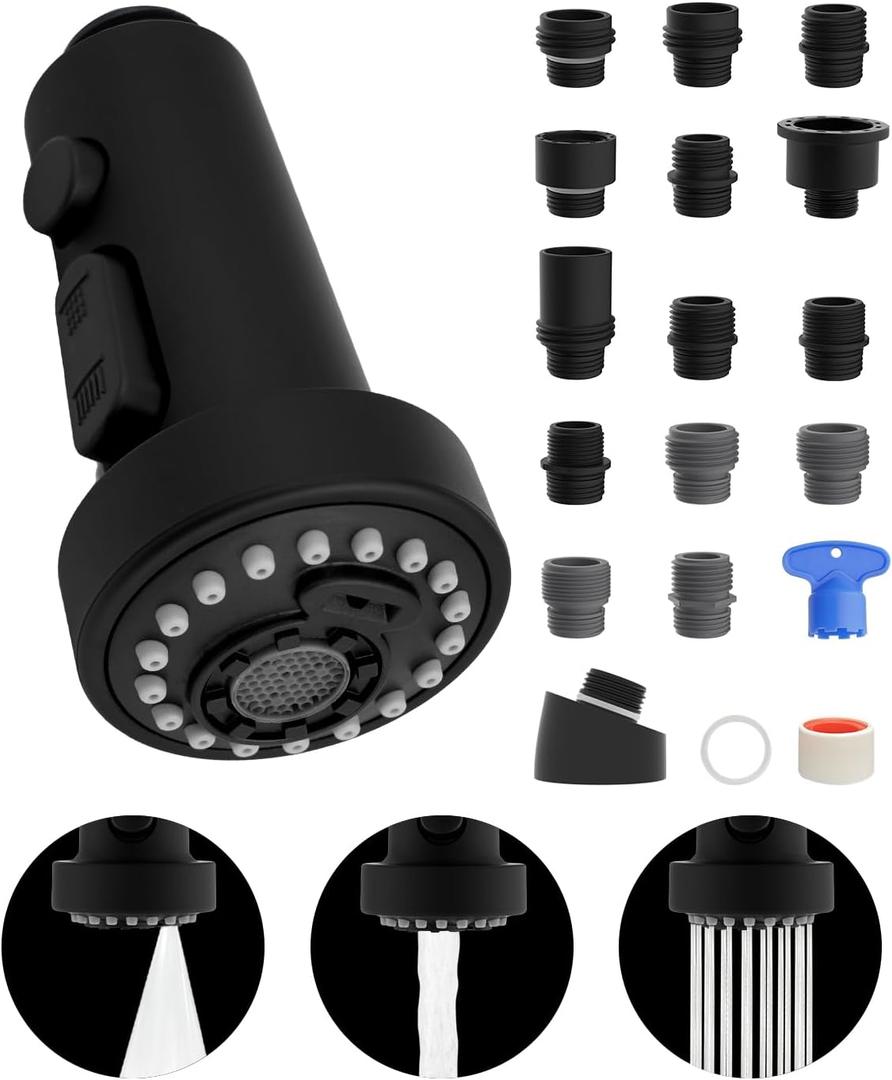 Hibbent Pull Down Kitchen Faucet Head Replacement, 3 Function Sink Faucet Sprayer Head Nozzle with 15 Adapters, Compatible with Moen, American Standard, Delta, Kohler Faucets, Matte Black