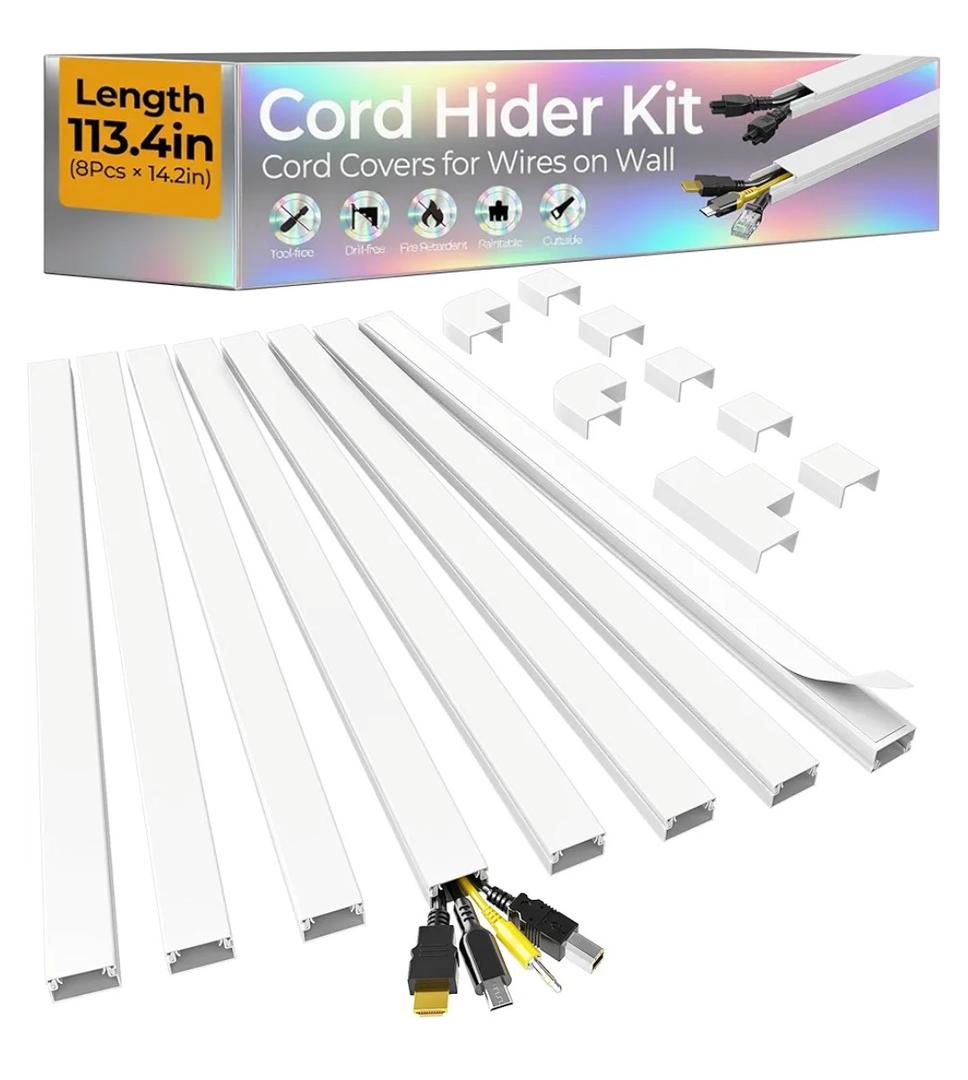 113.4in Cord Hider Kit, Cord Covers for 2-4 Wires on Wall, Self-Adhesive Cable Hider Wire Covers for Cords on Wall, Paintable Cord Hider for Walls Mount Tv, Cable Cover Raceway, W0.95 H0.55in, White