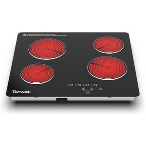 4 Burner Electric Cooktop, TOPWISH 24 Inch, Built-in Electric Stove Top, 220-240v Radiant Cooktop with Child Lock, Touch Control, Residual Heat Indicator, Overheat Protection, Hard Wire (No Plug)