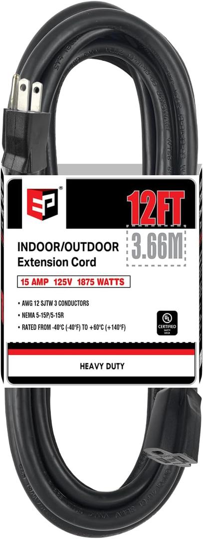 EP 12 Ft Outdoor Extension Cord - 12/3 SJTW Heavy Duty Black Extension Cable with 3 Prong Grounded Plug - Power Cord for Lawn, Garden, Appliances, Black