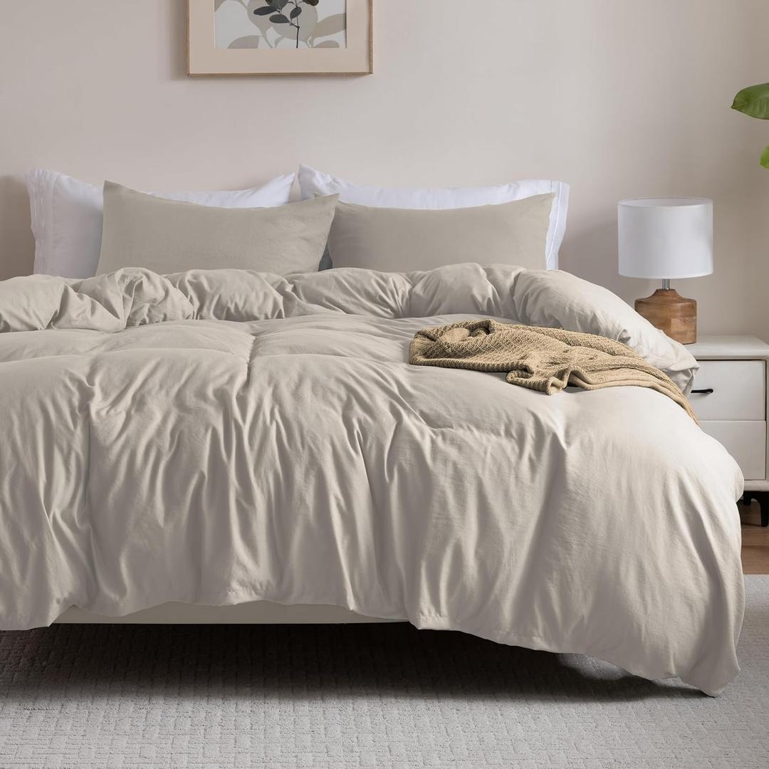 Washed Linen Color Duvet Cover Set Queen Size, 3 Piece Prewashed Microfiber Cotton-Like Bedding Set, Duvet Cover 90x90 with Button Closure, 2 Pillow Shams for All Seasons, Comforter Not Included