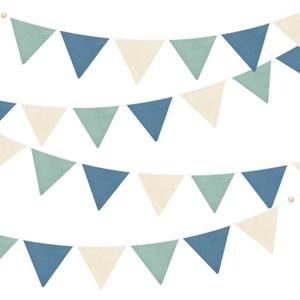 2 Sets of Blue Green Nursery Garland 24Pcs Green Blue Fabric Linen Pennant Banner Flags Triangle Streamers for Baby Playroom Decor Boys Nautical Birthday Hole in One Baby Shower Party Decorations