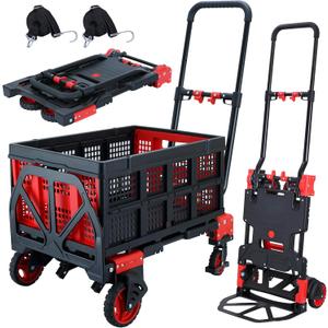 2 in 1 Folding Hand Truck Dolly with Basket,330LBS Capacity Hand Cart Foldable,Hand Truck Foldable with Retractable Handle,Folding Dolly Cart with Wheels for Moving
