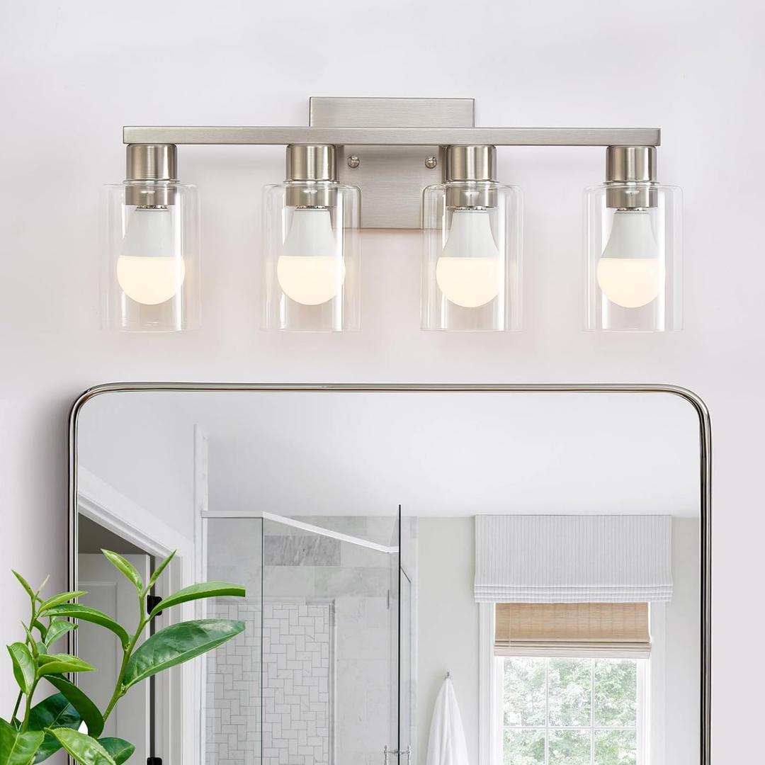 4 Light Bathroom Vanity Light Brushed Nickel Vanity Lights for Bathroom Modern 4-Lights Wall Sconce with Clear Glass Shade for Bedroom Living Room