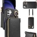 Wallet Case for Samsung Galaxy S25 Ultra 5G with Shoulder Strap Ring Buckle, Luxury PU Leather Zipper Flip Organ Purse, Credit Card Holder Stand Phone Cover for S25Ultra 25S S 25 25Ultra Black