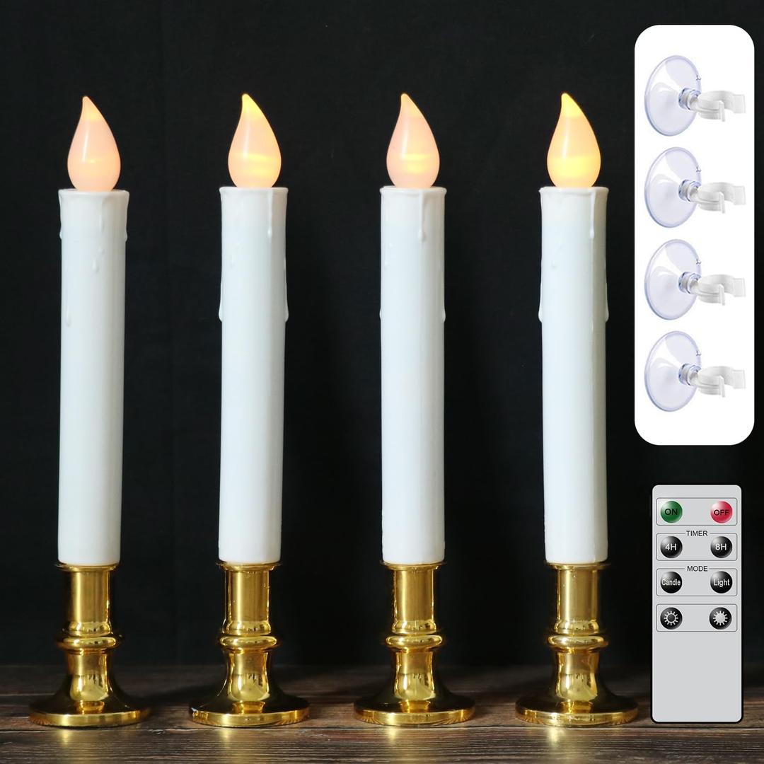 DRomance 9" Flameless Window Taper Candles Battery Operated with 8-Key Remote and Timer, 4 Pack White Christmas Holdiay Window Candles with Gold Holders, Suction Cups and AA Batteries Included
