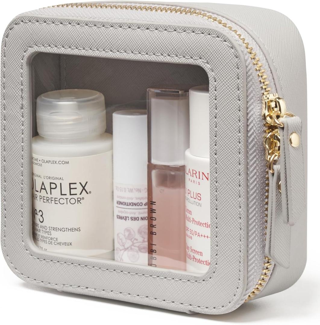 Popvibe Clear Makeup Bag Travel Cosmetic Case Transparent Toiletry Bag with Zipper, Portable Make Up Organizer Traveling Compact Car Bag for Essentials (Beige Grey)