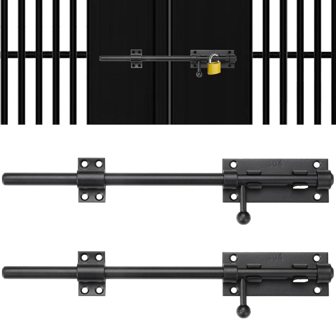 2 Packs 12" Slide Bolt Latches, Heavy-Duty 304 Stainless Steel Gate Door Slide Latches with 9 mm Padlock Hole, " Dia. Matte Black Barrel Bolt Locks for Gates, Barns, Fences
