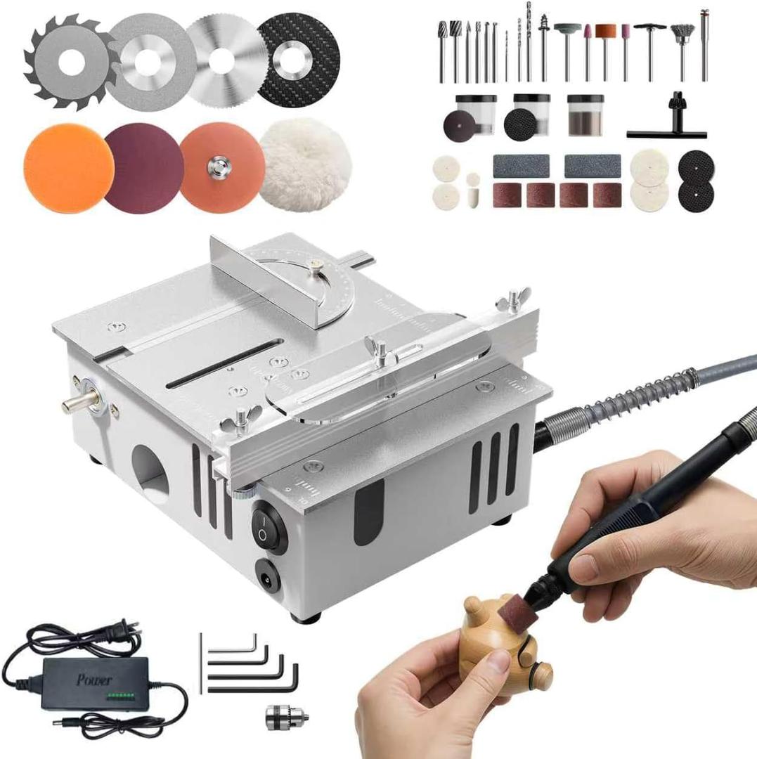 MIMYTH Mini Table Saw for Crafts, Multifunctional Portable Table Saws Adjustable Cutting Angle,Speed,SawDepth; Small Table Saw for Cutting, Grinding, Sanding; Tablesaw (Forged Silver-Dual Motor)
