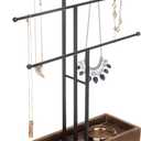 MyGift 3-Tier Black Metal T-Bar Jewelry Organizer Stand, Necklace and Bracelet Hanging Display with Brown Wood Ring Tray