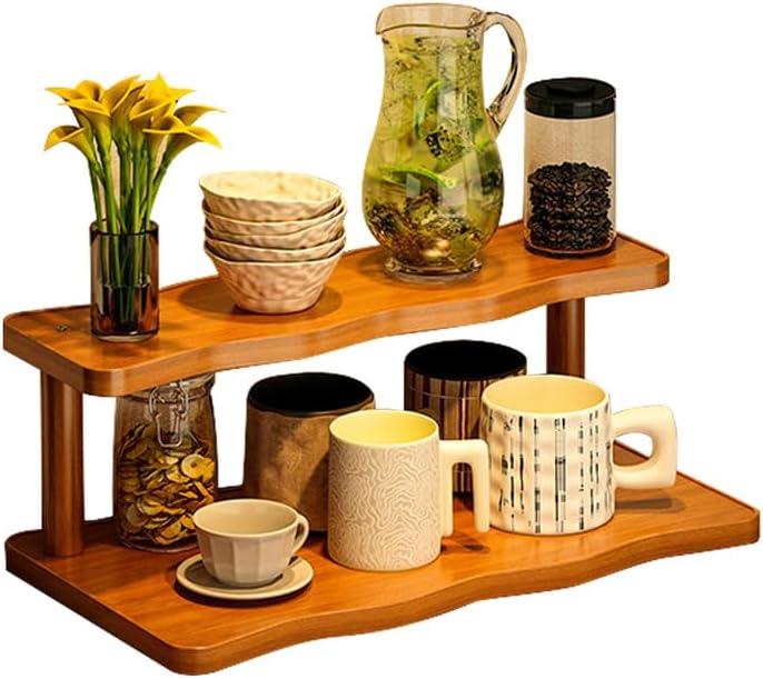 Wooden Mug Holder Countertop, Coffee Station Organizer, Counter Shelf for Tea Coffee Bar Accessories, Matcha Stand, Cup Display, Kitchen Condiment Storage Rack,2tier,11.81IN