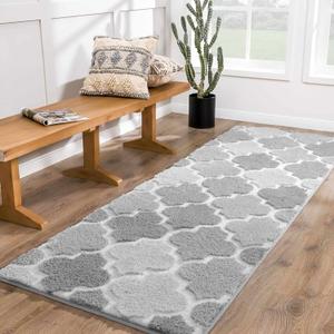DEXDE Shaggy Bath Rug Runner 24x60 Inches - Checkered Non-Slip Absorbent Machine Washable Long Bathroom Rugs Quick Dry Carpet for Tub Shower, Home Decor Accessories, Gray (Grey)
