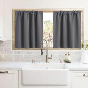 RYB HOME Cafe Blackout Curtains 24 inch Length, RV Curtains for Camper Windows, Mini Short Small Insulating Light UV Heat Blocking Privacy Half Window Tiers, Width 42 by Length 24, Grey, 2 Panels