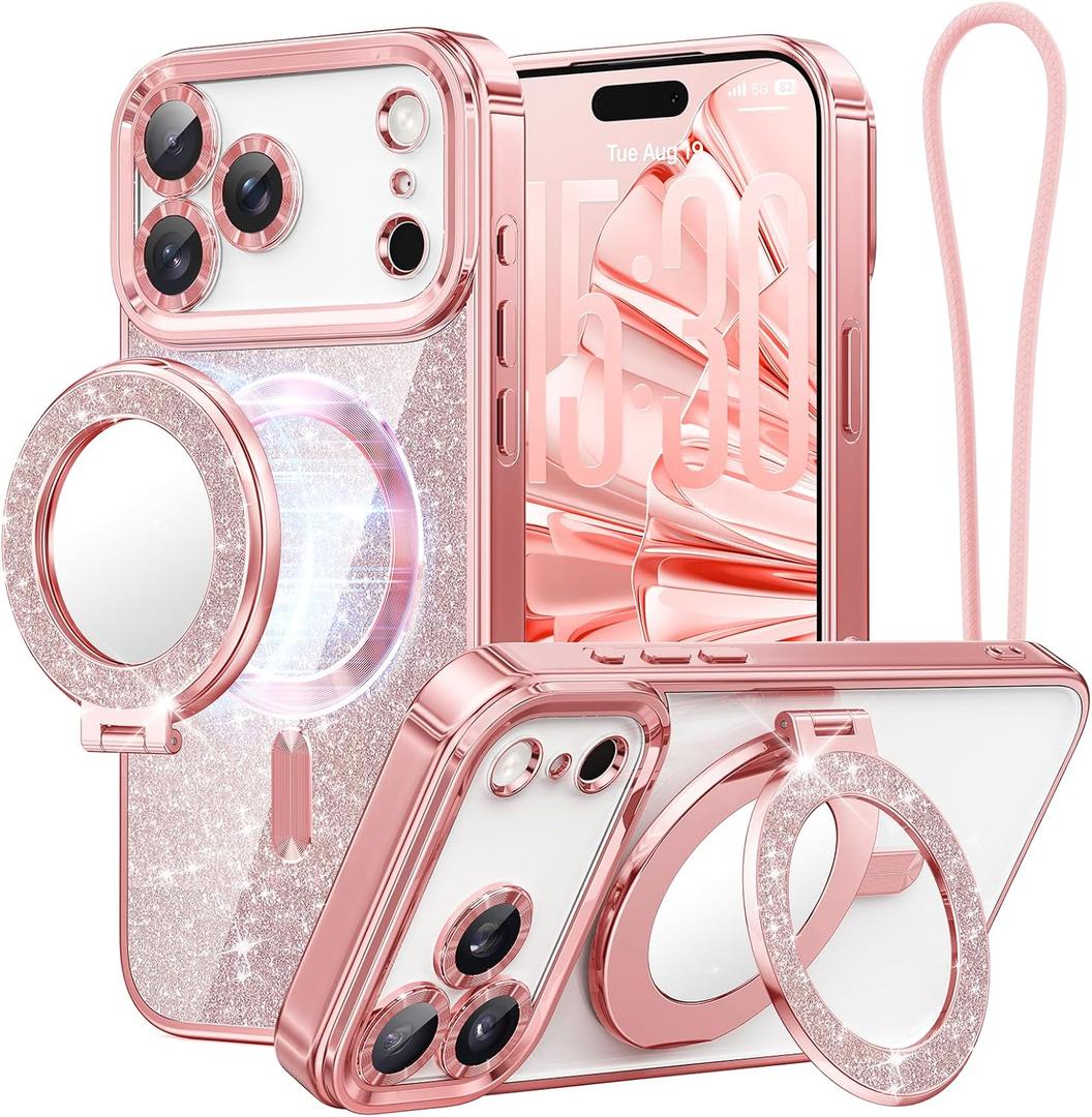 Meifigno Magnetic Case Designed for iPhone 17 Pro Max with Removable Phone Ring Stand, Glitter Card & Wrist Strap, Compatible with MagSafe, Built-in Mirror, Phone Ring Holder + Case Kit, Rose Gold