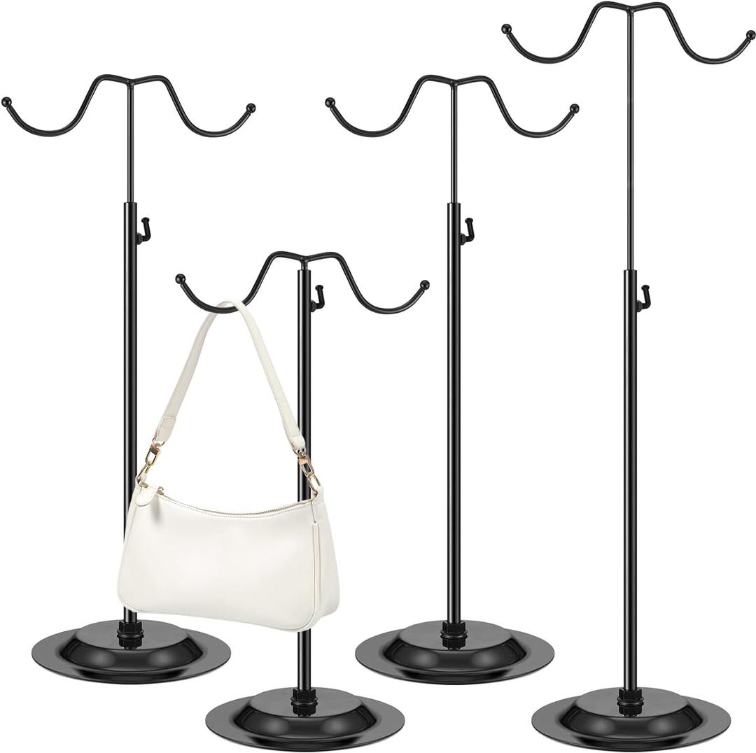 4 Pcs Purse Display Stand Adjustable Height Handbag Display Stand Metal Handbag Stand Holder Double Hook Purse Holder Stand for Home Store Boutique Counter, Black