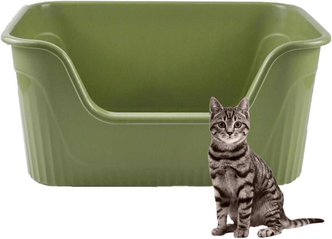Deep Cat Box Extra Large High Sides,21.45 x 16.14 x 10.43 Inches Low Entry Kitten Litter Tray One Piece Open Anti Splashing Litter Pan Easy Clean for Small Medium Cat (Green)