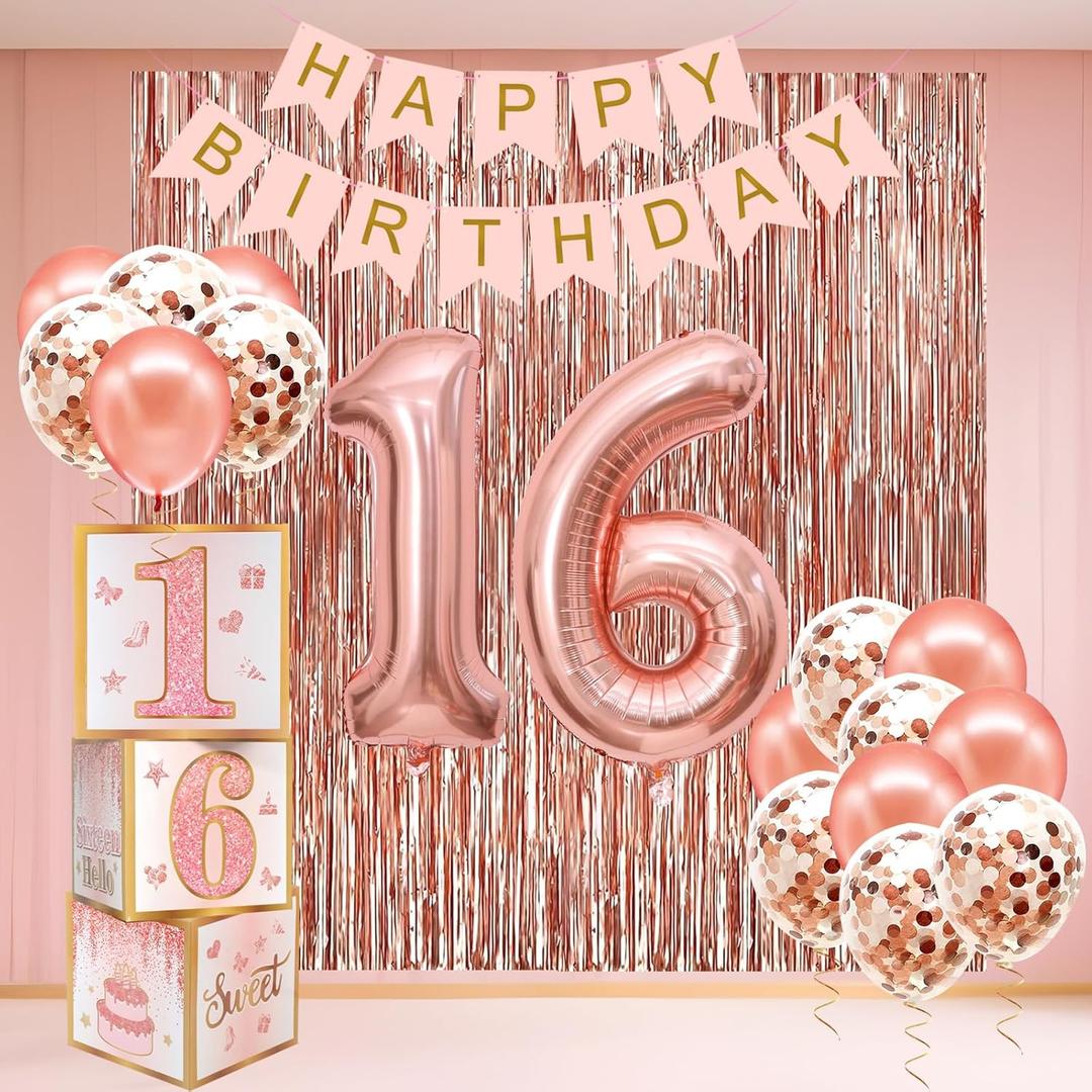 Sweet 16 Party Decorations,16th Birthday Boxes Decor for Girls Women Sweet Sixteen Happy Birthday Banner Kits Pink Rose Gold Foil Balloons Party Supplies Rose Gold Tassel Curtain