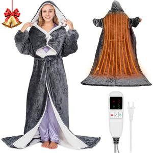 Wearable Heated Blanket for Women with Removable FootPocket,Electric Snuggle Heated Blankets Hoodie with Sleeves Heated Robe Flannel & Sherpa Heating Throw Blanket Shawl with 9 Temp for Winter 50"x80" (Deep Grey)