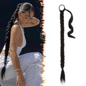 BARSDAR 26 Inch Long Braided Ponytail Extension with Hair Tie - Straight Sleek Wrap Around Dark Brown Braided Ponytail Hair Extensions - Synthetic Pony Tails Hairpieces for Women - Dark Brown