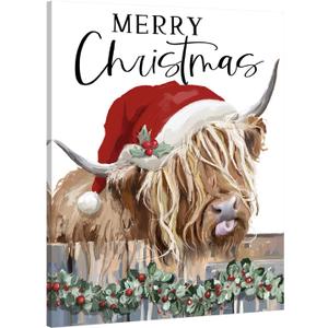 Christmas Highland Cow Wall Decor:Merry Christmas Canvas Wall Art Cow Pictures Farm Animal Prints Xmas Holiday Decorations Farmhouse Country Wall Hangings Paintings for Living Room 12x15 Inch