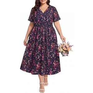 CARCOS Plus Size Dresses for Curvy Women V Neck Summer Maxi Dress Short Sleeve Floral Boho Dress Smocked Waist Beach Dress (Blue, 5XL)