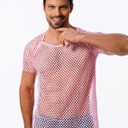 ABAFIP Men's Short Sleeve Fishnet Shirt Mesh Sheer Tank Top Muscle T-Shirt Undershirt Rave Clubwear (X-Large, Pink)